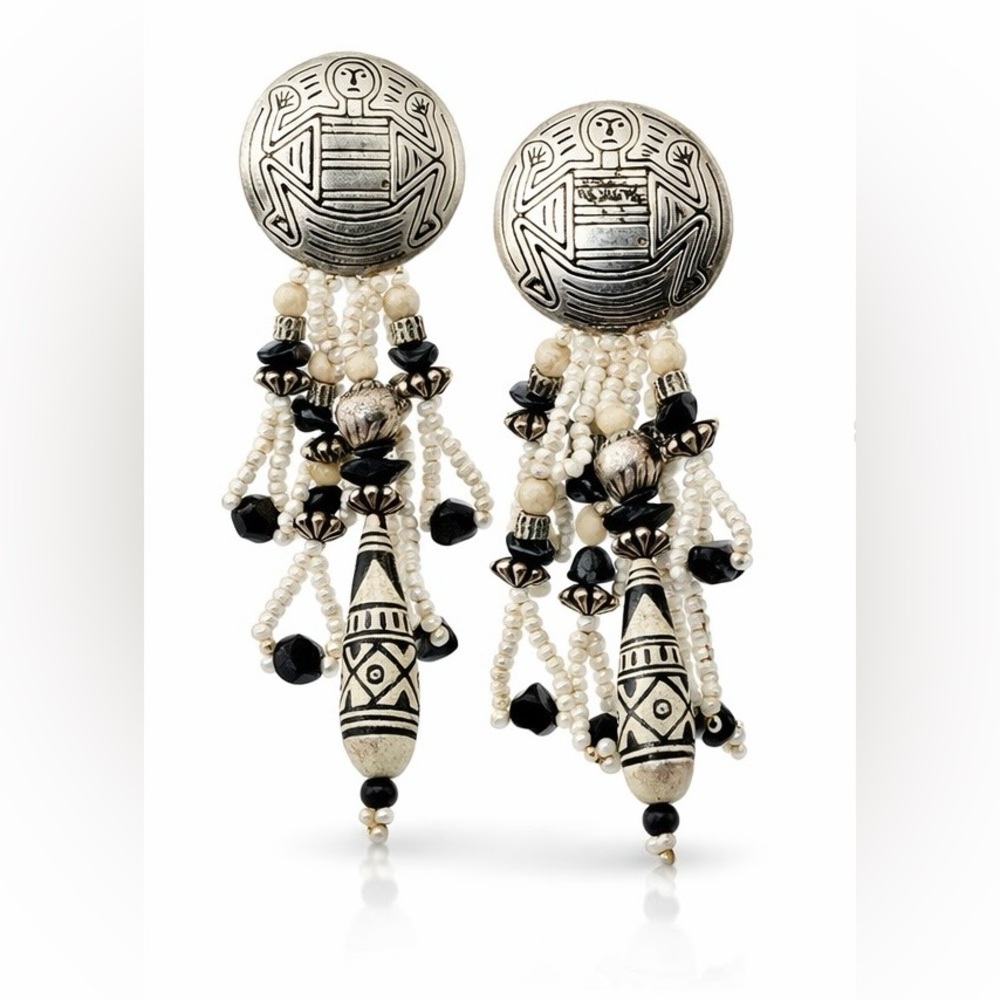 Vintage Sterling Silver Petroglyph Fringe Earrings | Pearls | Southwestern Boho